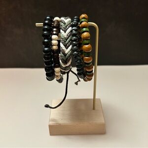 5 Piece Brown Green Black White Beaded Woven Bracelet Set